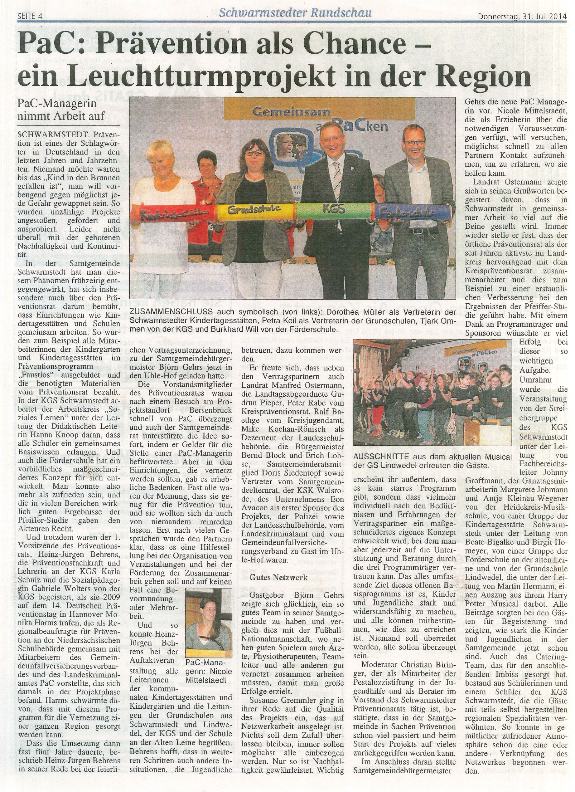 Artikel aus der Schwarmstedter Rundschau vom 31.07.2014